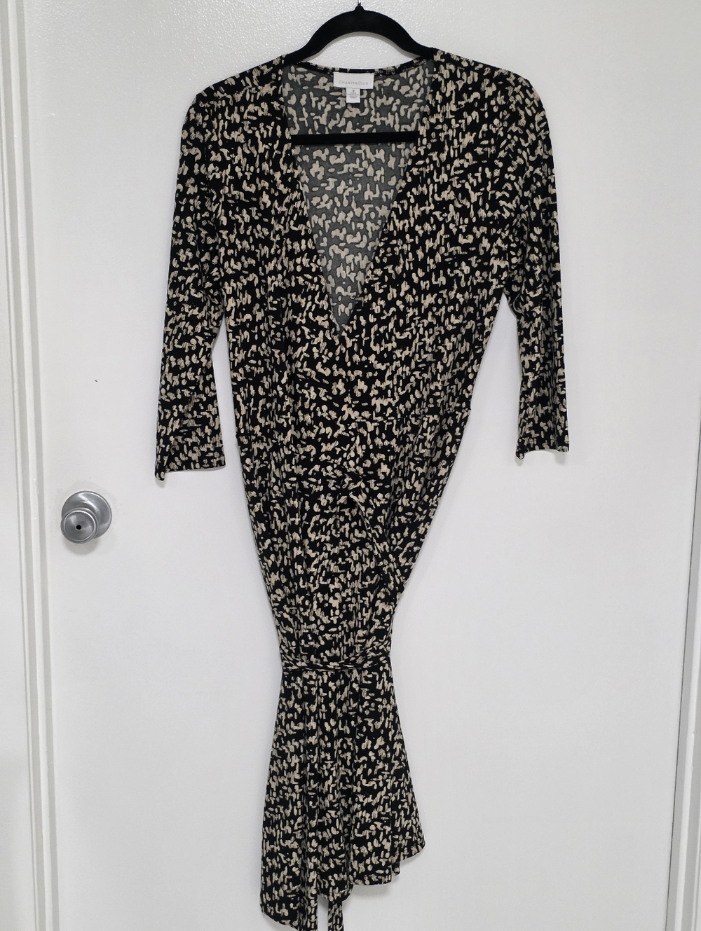 Charter Club Black and Cream Abstract Wrap Dress